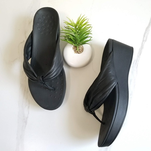 Vionic Shoes - VIONIC Arabella Thong Black Leather Sandals Flip Flops Wedge Women's Summer Shoe